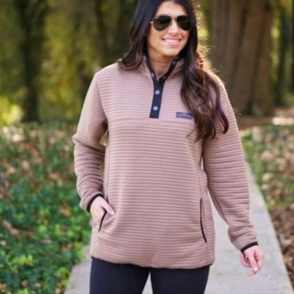 Simply Southern Ribbed Pullover Sweater in Mocha and Black Trim Women's Size XL